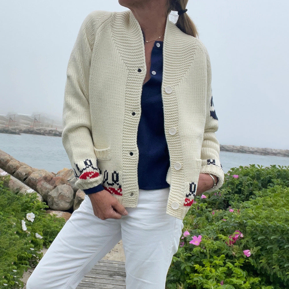 Women's Oversize Knitted Cardigan with Whale Motif and Nautical Contrast Border Mune Fashion
