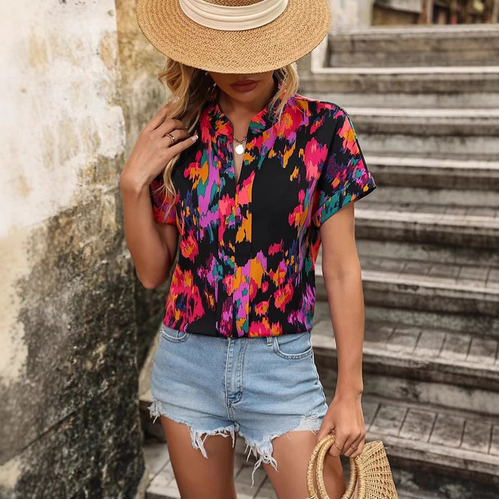 Ladies Lightweight Oversized Tunic Blouse with Stand-up Collar, Cap Sleeves and Large Floral Print Mune Fashion