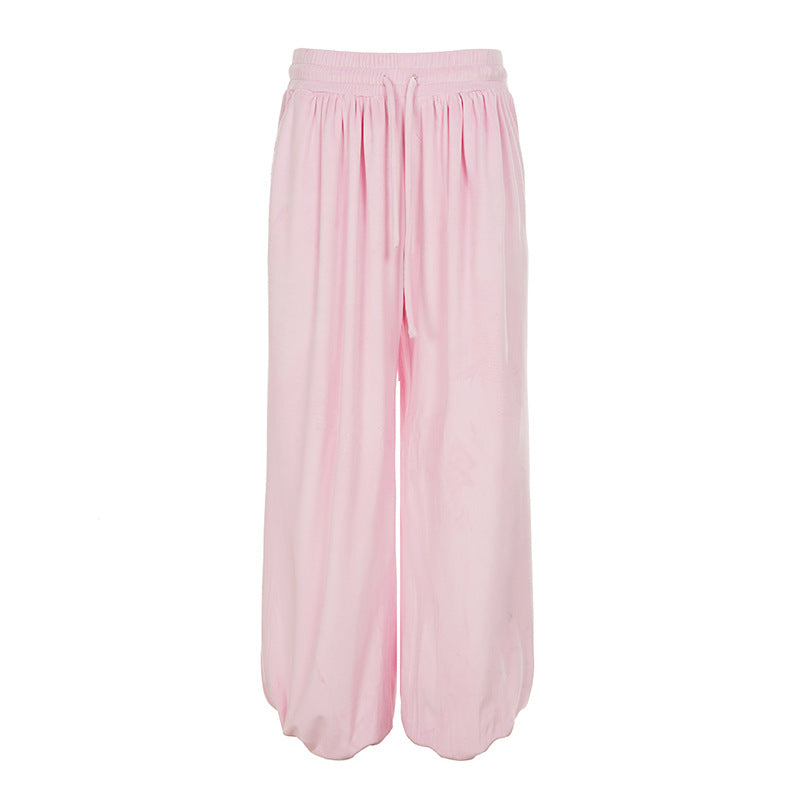 Women's loose lounge palazzo pants with elastic comfort waistband, drawstring, and balloon-shaped hem Mune Fashion