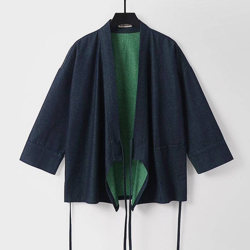 Women Lightweight Two-Tone Kimono Jacket with Ties and Contrasting Inner Lining Mune Fashion