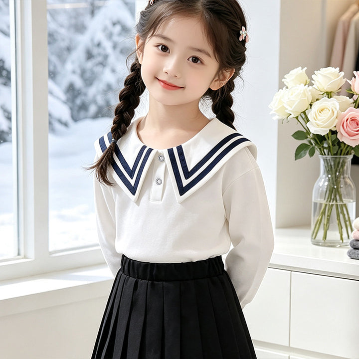 Girls' sailor blouse with elegant collar and high-quality cotton Mune Fashion