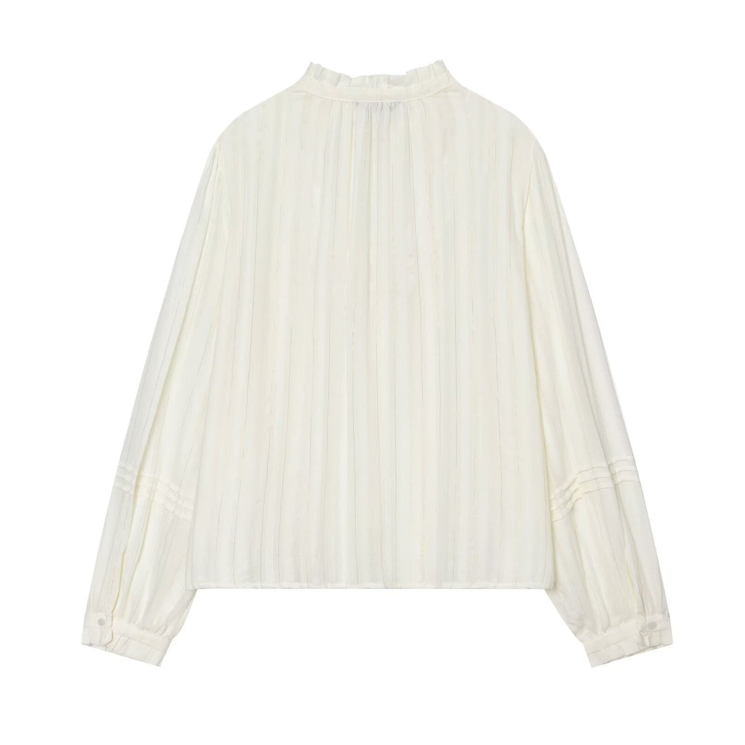 Women's Pleated Chiffon Blouse with Ruffled Collar and Tie Band Mune Fashion