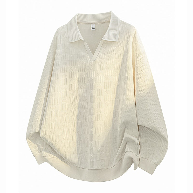 Men's Oversize Knit Polo with Textured Knit, Open V-Neck and Ribbed Collar Mune Fashion