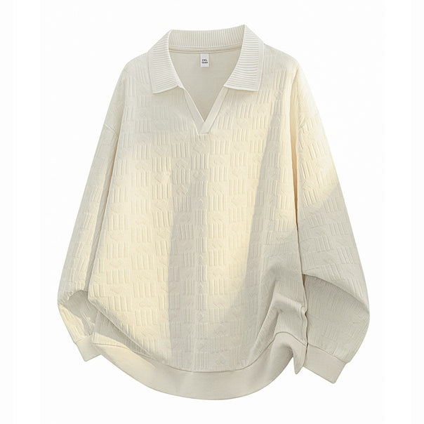 Men's Oversize Knit Polo with Textured Knit, Open V-Neck and Ribbed Collar Mune Fashion
