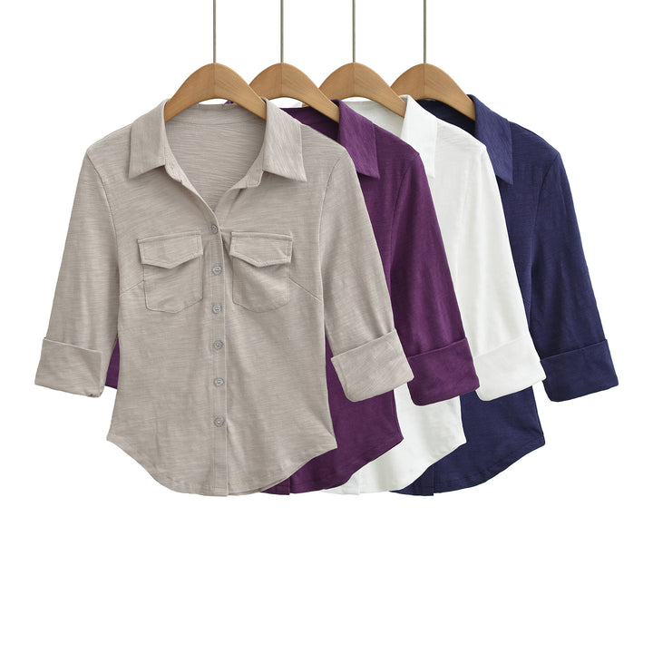 Women’s blouse shirt made of soft jersey with patch breast pockets and three-quarter sleeves Mune Fashion