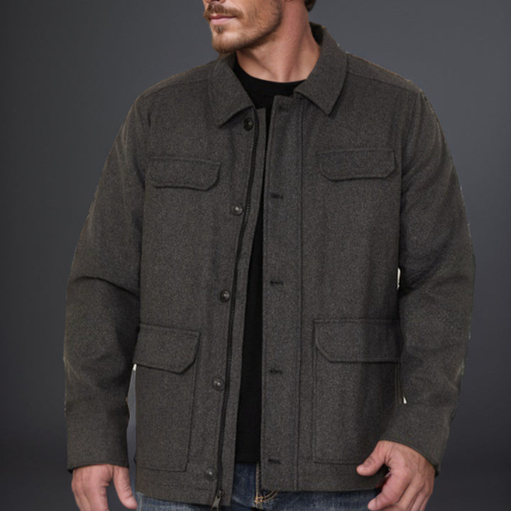 Men's Wool Field Jacket with Four Flap Pockets and Shirt Collar Mune Fashion