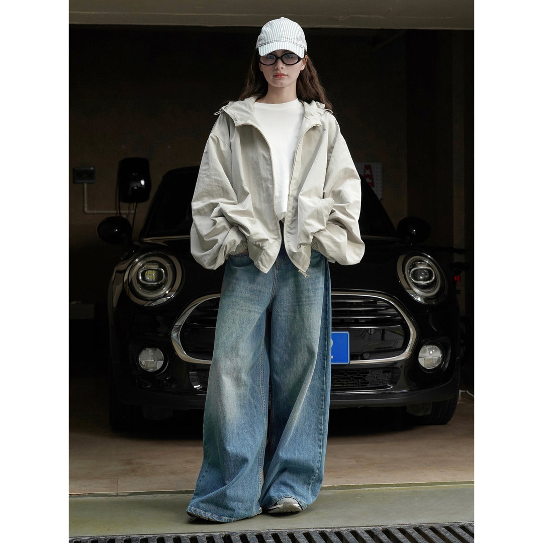 Women's Lightweight Oversized Windbreaker Bomber with Drawstring Hood and Ribbed Hem Mune Fashion