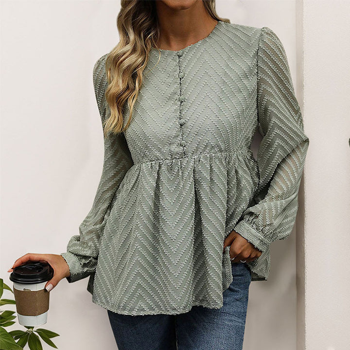 Women's Chiffon Peplum Blouse with Chevron Structure, Ruched Empire Waist & Button Placket Mune Fashion