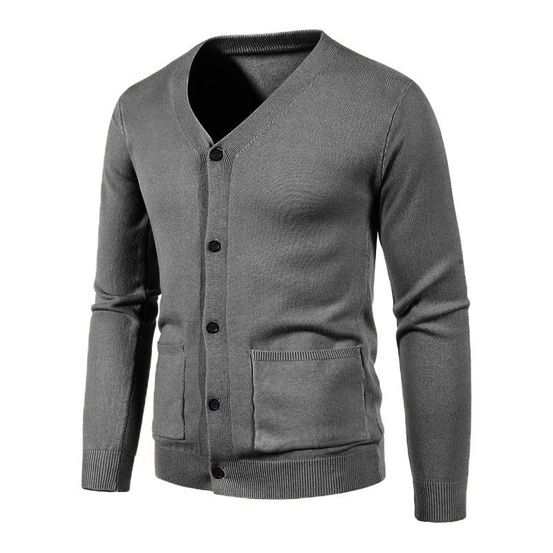 Men's lightweight fine-knit cardigan with V-neck, full button placket, and patch pockets Mune Fashion