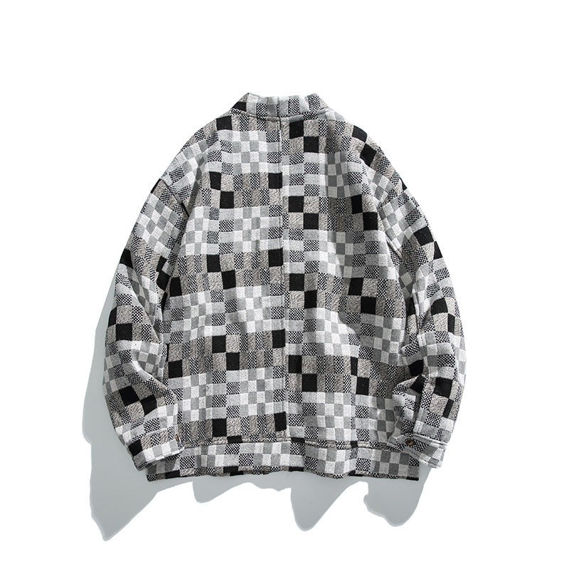 Unisex Boxy Cardigan in Patchwork Check with V-neck, snap front, and patch pockets Mune Fashion