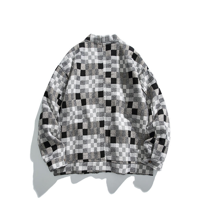 Unisex Boxy Cardigan in Patchwork Check with V-neck, snap front, and patch pockets Mune Fashion