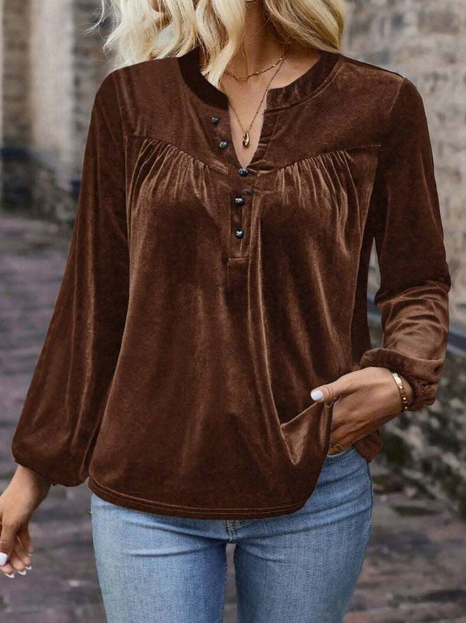 Women's velvet blouse with button Henley, gathered breast yoke and loose fit Mune Fashion