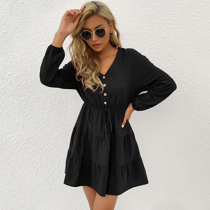 Women's Layered Viscose Mini Dress with Waist Cord and Button Detail Mune Fashion