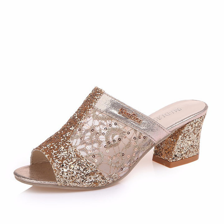 Women's elegant open slide with fine mesh, sparkling appliqués and mid-high block heel Mune Fashion