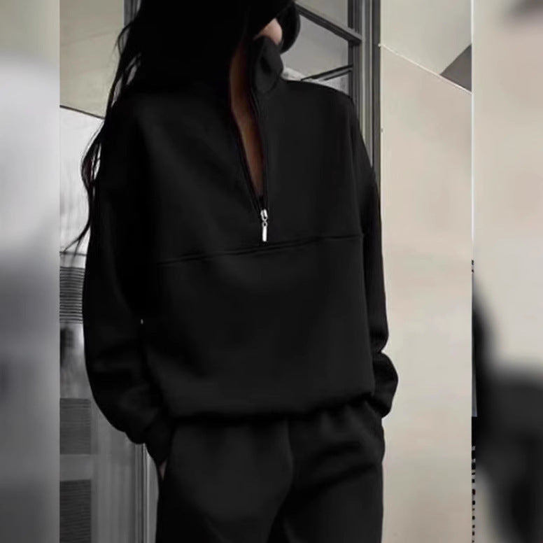 Women's casual stand-up collar half-zip in boxy cut with decorative breast seam Mune Fashion