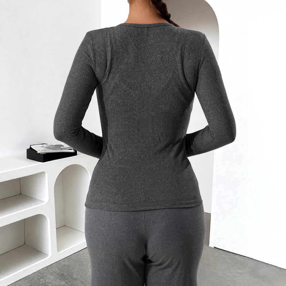 Women's Ribbed Henley Long Sleeve Shirt with Button Placket and Fitted Cut Mune Fashion