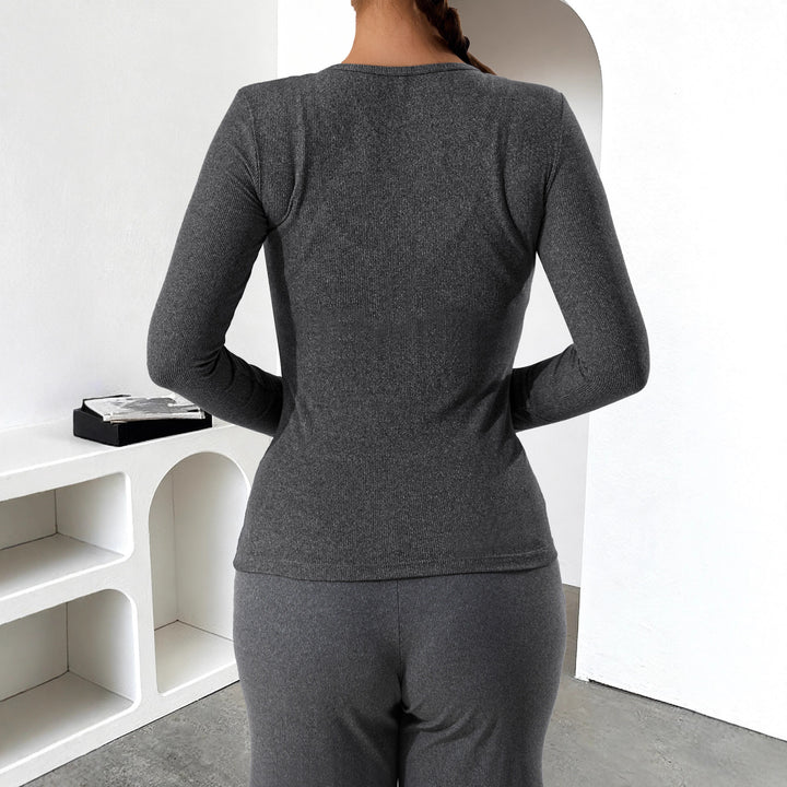 Women's Ribbed Henley Long Sleeve Shirt with Button Placket and Fitted Cut Mune Fashion