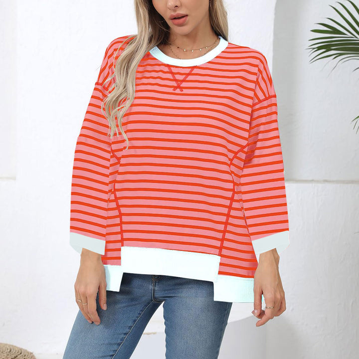 Women's oversized striped sweatshirt pullover with contrasting hem, dropped shoulder and side slits Mune Fashion