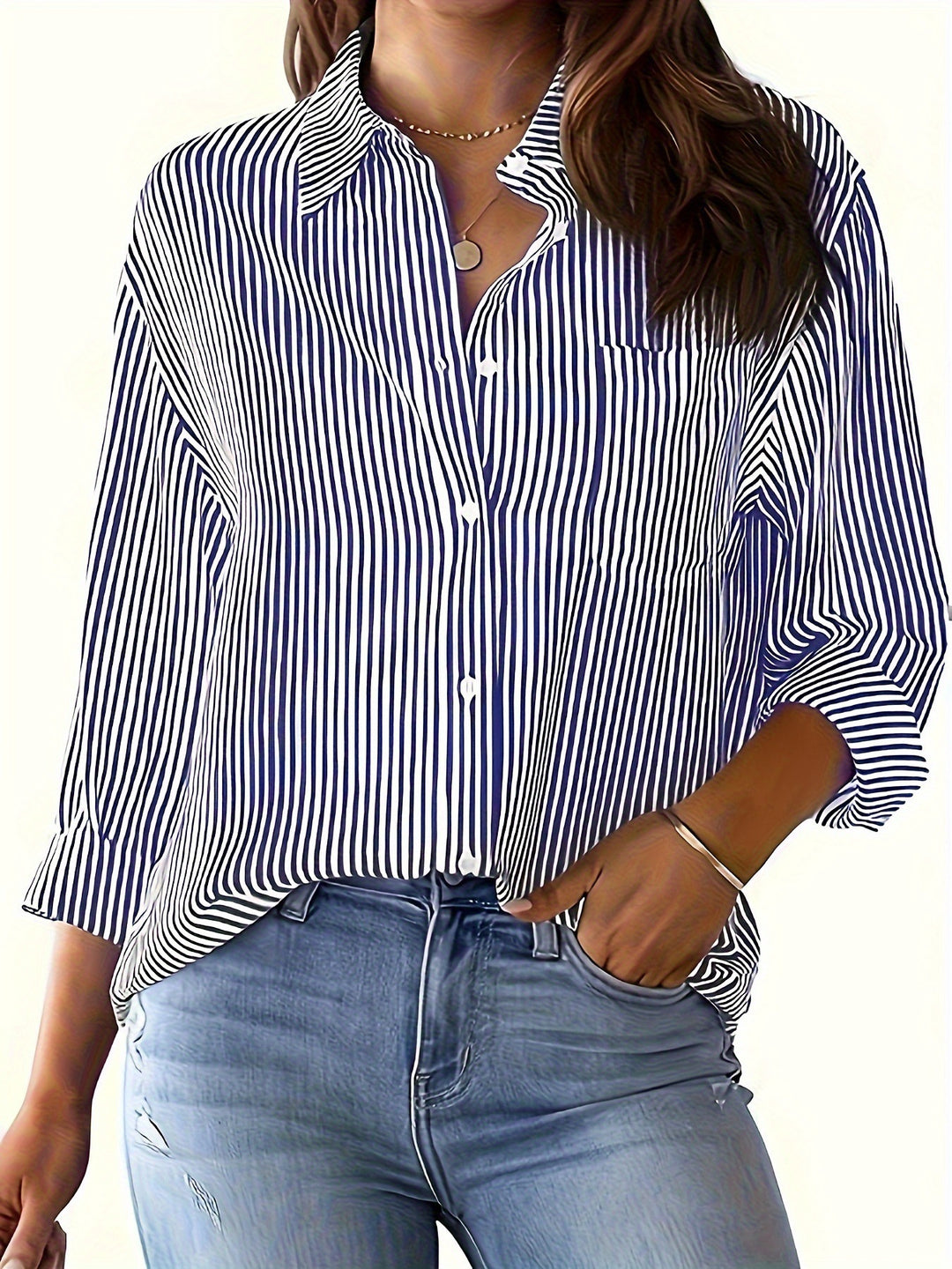 Women's Lightweight Oversized Shirt Blouse with Vertical Stripes, Kent Collar and Three-Quarter Sleeves Mune Fashion