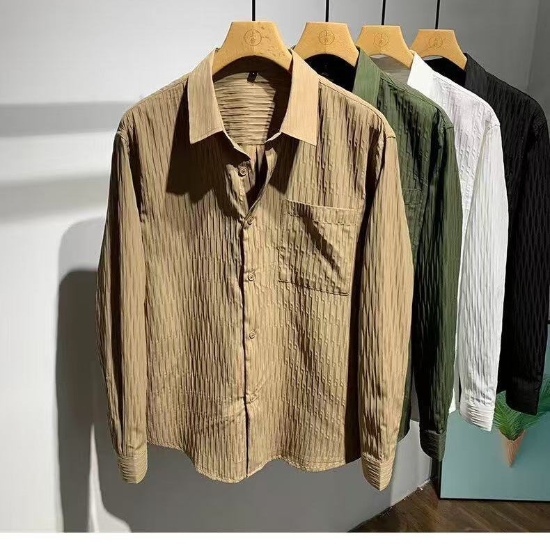 Men's Textured Shirt with Relief Stripes, Kent Collar and Chest Pocket Mune Fashion