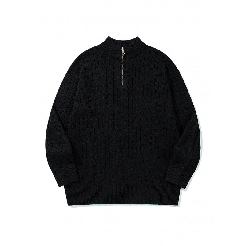 Unisex Oversize Braided Knit Half-Zip Sweater with Short Stand-Up Collar and Wide Ribbed Hem Mune Fashion