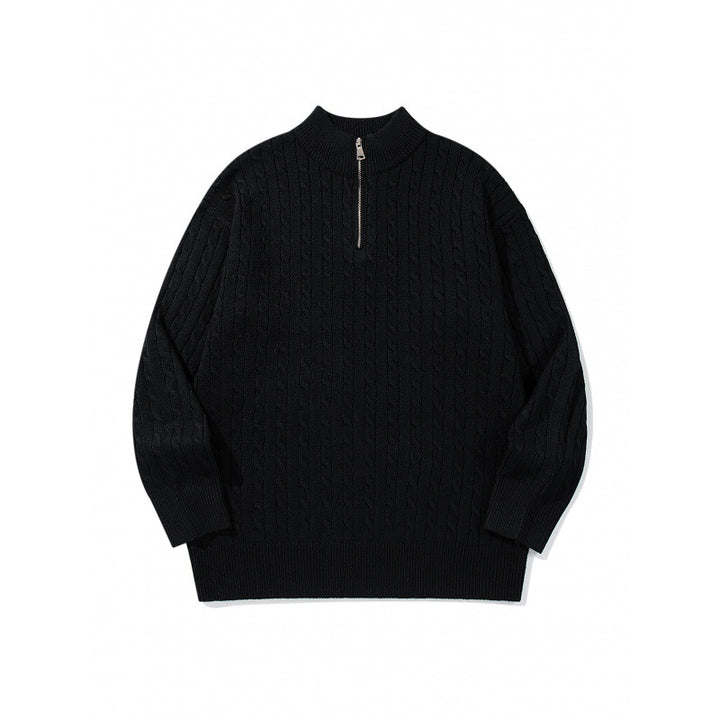 Unisex Oversize Braided Knit Half-Zip Sweater with Short Stand-Up Collar and Wide Ribbed Hem Mune Fashion