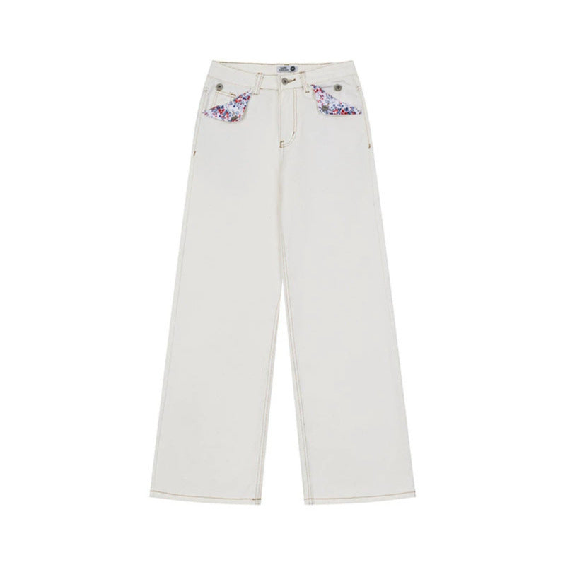 Women Loose High-Waist Jeans in Palazzo Cut with Decorative Stitching and Floral Pocket Lining Mune Fashion