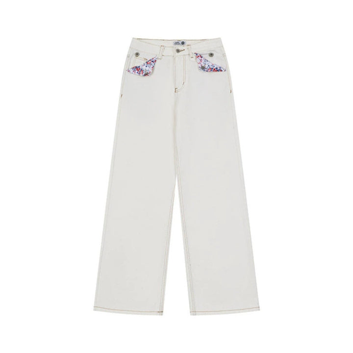 Women Loose High-Waist Jeans in Palazzo Cut with Decorative Stitching and Floral Pocket Lining Mune Fashion