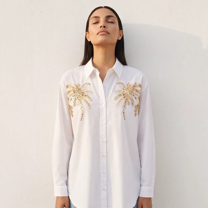 Women's shirt blouse with sequin palm appliqué, oversized cut & classic collar Mune Fashion