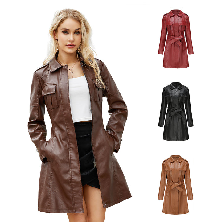 Women's longer faux leather trench coat with belt and shoulder tabs Mune Fashion