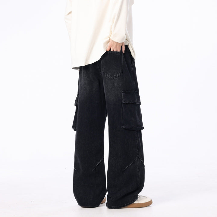 Men's Loose Cargo Denim Pants with Drawstring, Used Wash and Oversized Fit Mune Fashion