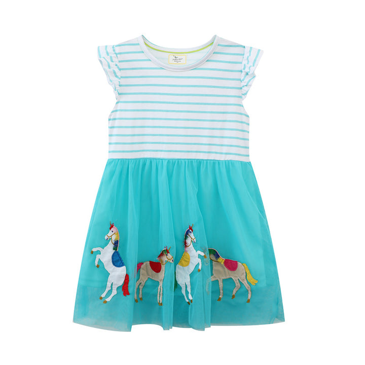 Girls tulle dress with colorful unicorn motif and striped top Mune Fashion