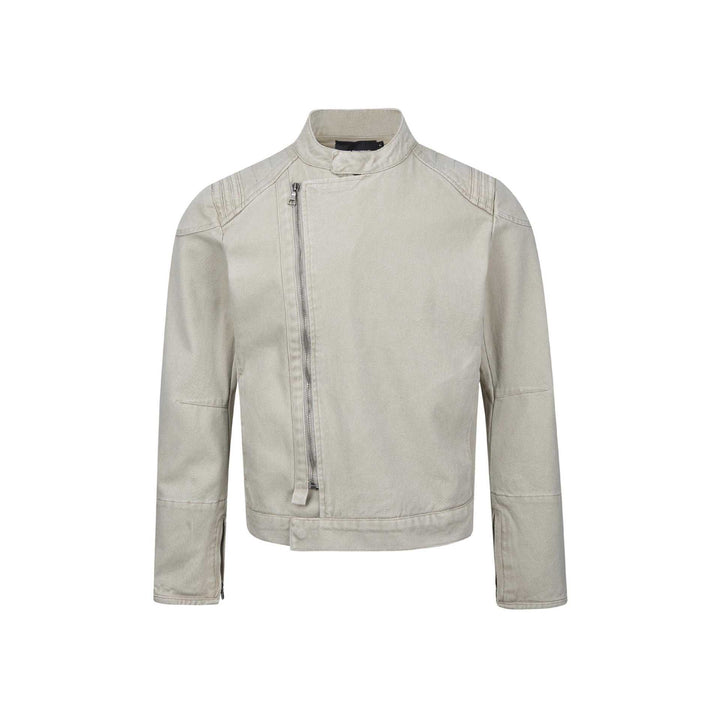 Men's short-cut asymmetric canvas biker jacket with funnel collar and zipper detail Mune Fashion