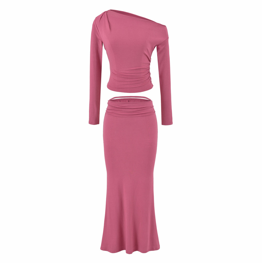 Women's One-Shoulder Two-Piece Set with Ruched Crop Top and Fitted Maxi Skirt Mune Fashion