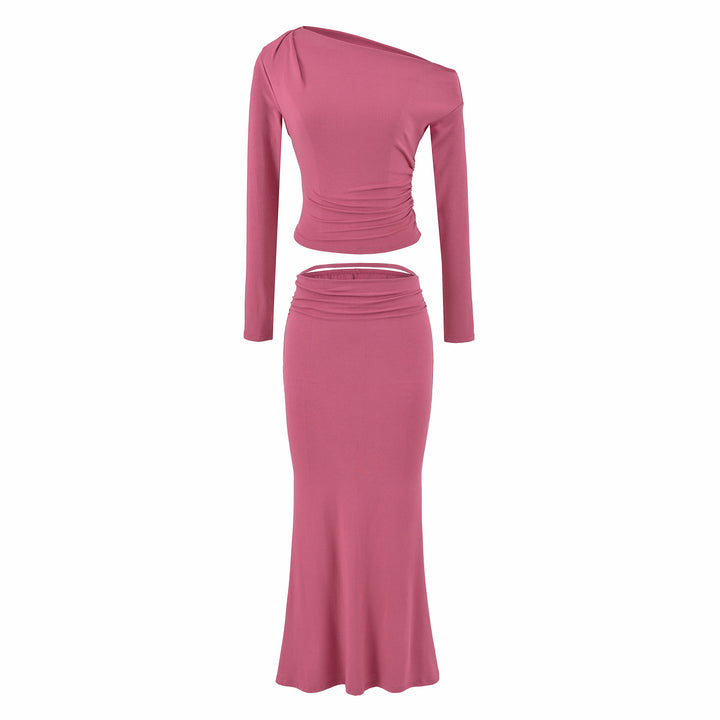 Women's One-Shoulder Two-Piece Set with Ruched Crop Top and Fitted Maxi Skirt Mune Fashion