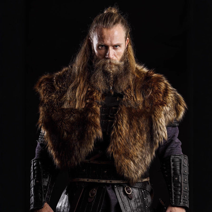 Men's historically inspired faux fur shoulder cape with leather straps Mune Fashion