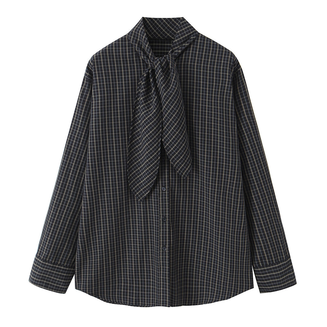 Women 30+ checked shirt blouse with bow collar and oversized fit Mune Fashion