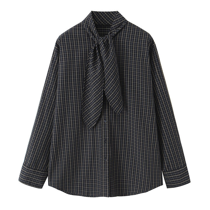 Women 30+ checked shirt blouse with bow collar and oversized fit Mune Fashion