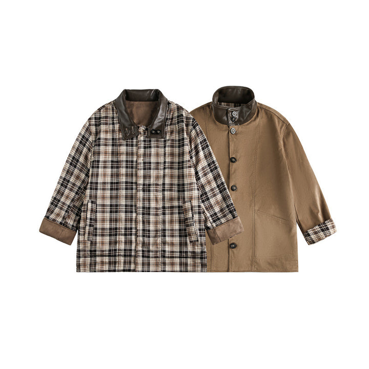 Men's short-cut field blouson in vintage workwear style with faux leather stand-up collar and checked inner lining Mune Fashion
