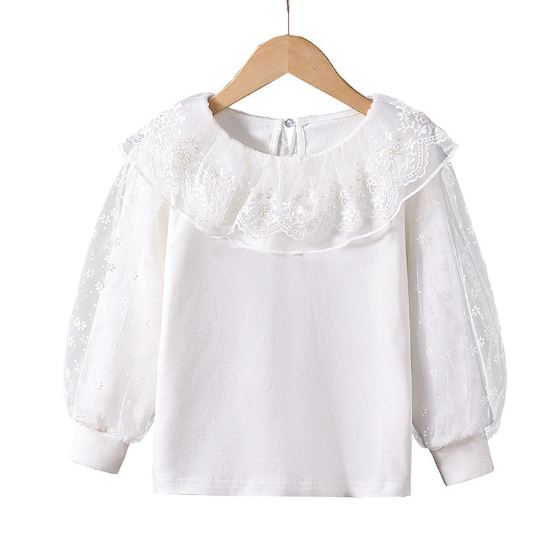Girls blouse with floral tulle collar and elegant puff sleeves Mune Fashion
