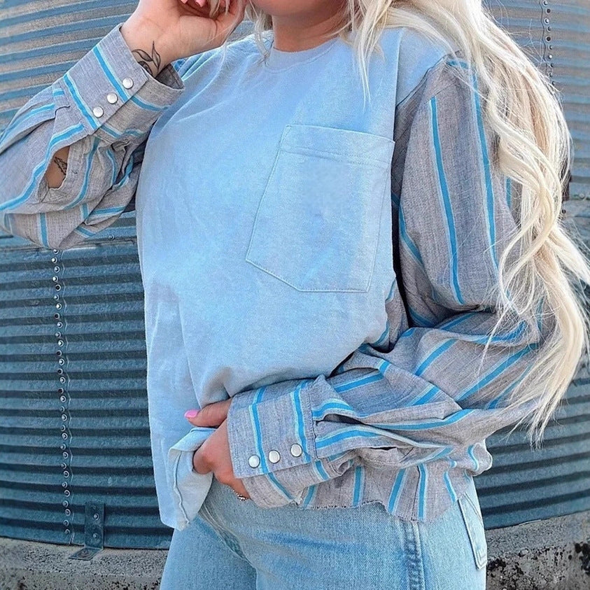 Women's long sleeve shirt in layered look with chest pocket and striped shirt sleeves Mune Fashion