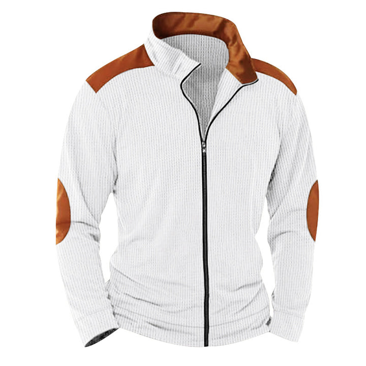 Men's knitted hybrid jacket with stand-up collar contrasting inserts and elbow patches Mune Fashion