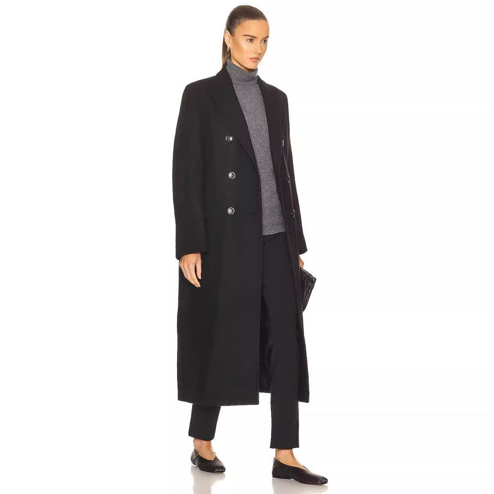 Women Maxi Length Double Breasted Wool Blend Long Coat with Tailored Finish Mune Fashion