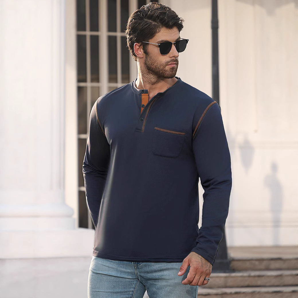 Men's Long Sleeve Shirt with Short Button Placket, Chest Pocket and Contrasting Decorative Stitching Mune Fashion