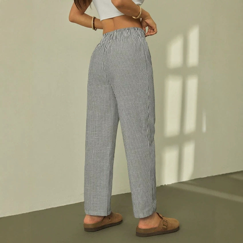 Women Linen Look Relaxed Trousers with High Waist, Drawstring and Pinstripes Drune