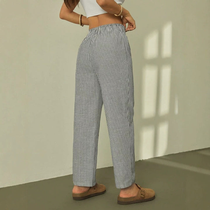 Women Linen Look Relaxed Trousers with High Waist, Drawstring and Pinstripes Drune