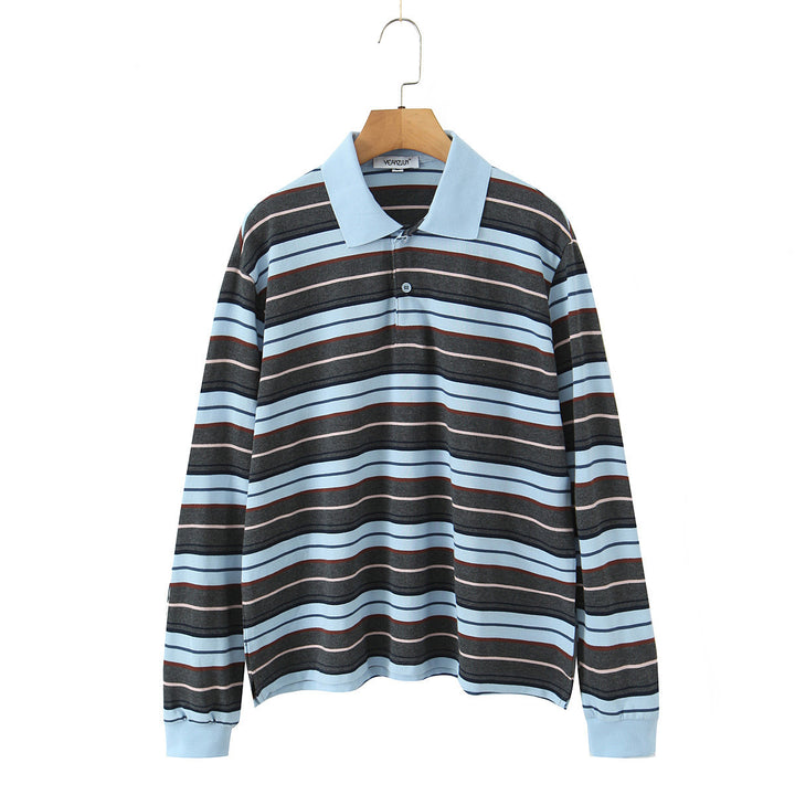 Men's Long-Sleeve Polo Shirt in Retro Stripe Pattern with Ribbed Cuffs and Button Placket Mune Fashion