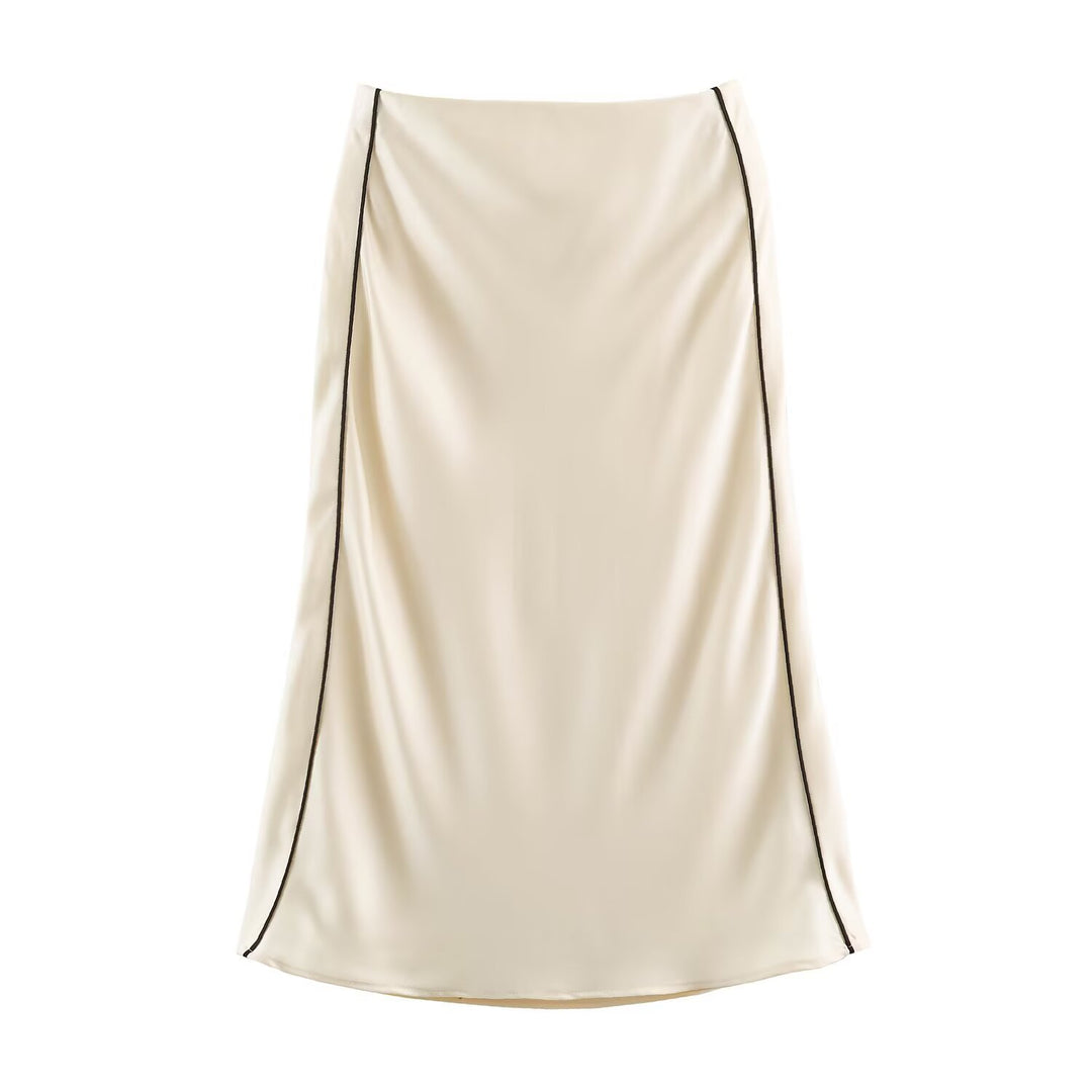 Ladies Satin Midi Skirt with Side Overlap and Contrast Piping Drune
