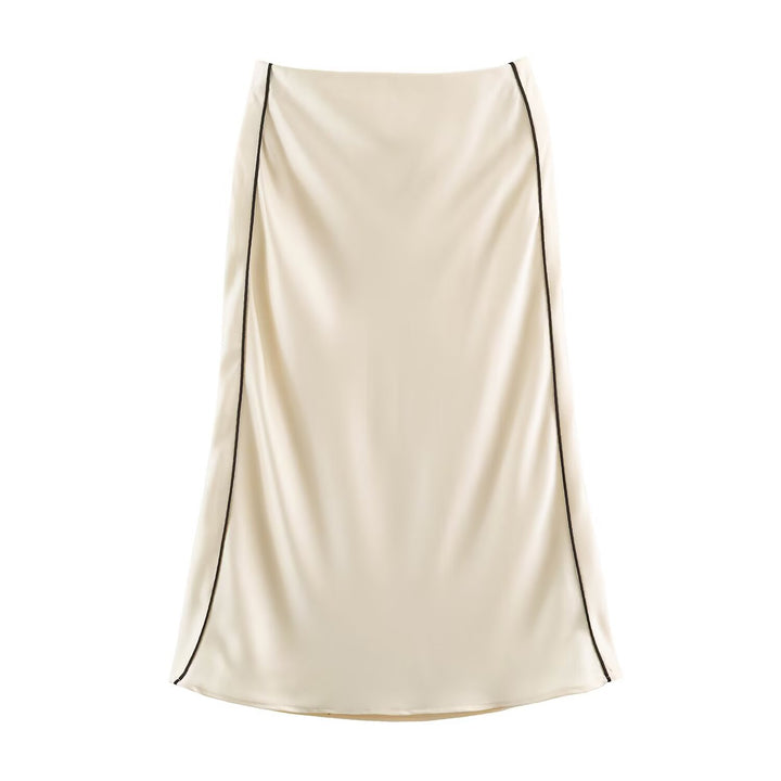 Ladies Satin Midi Skirt with Side Overlap and Contrast Piping Drune