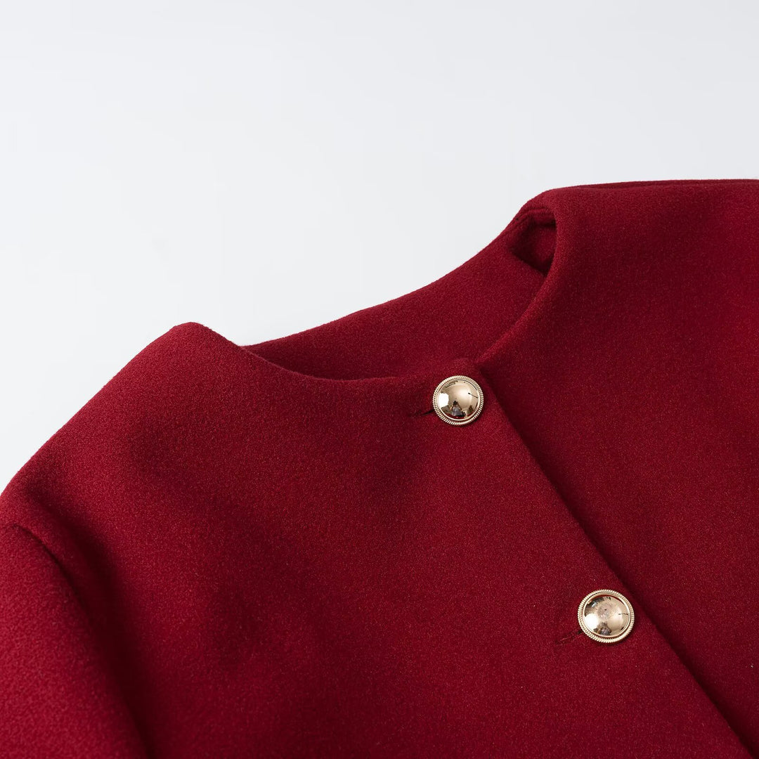 Women's cropped wool blend jacket with round neck, patch pockets and gold decorative buttons Mune Fashion